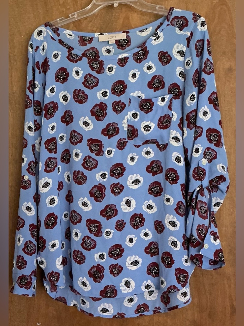 Loft Floral Tunic-Style Top Floral Of Poppies on Periwinkle Blue Pocket L